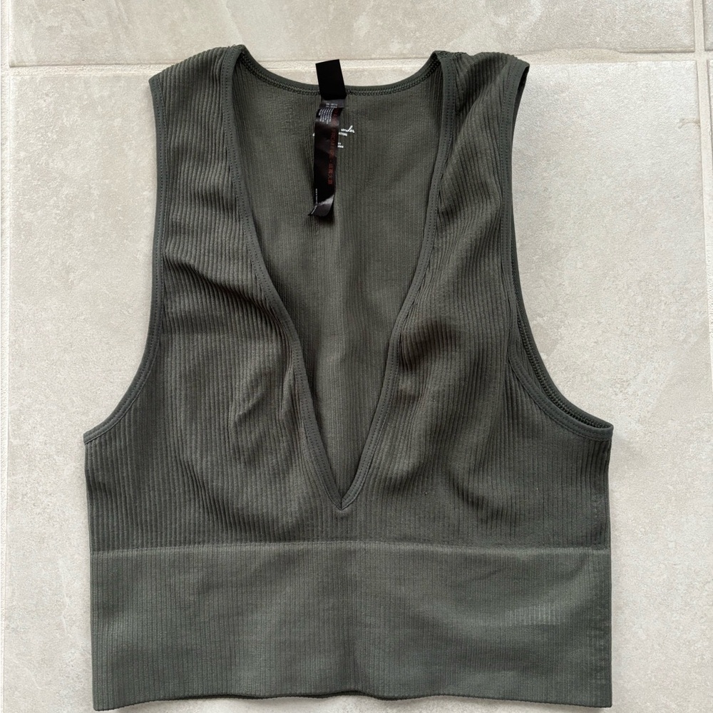 Urban Outfitters Deep V-Neck Tank Top in Dark Olive